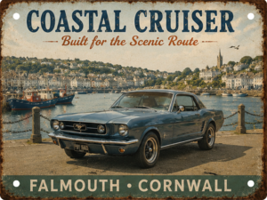Vintage Falmouth Cornwall Coastal Cruiser tin sign featuring a classic Ford Mustang by the harbour