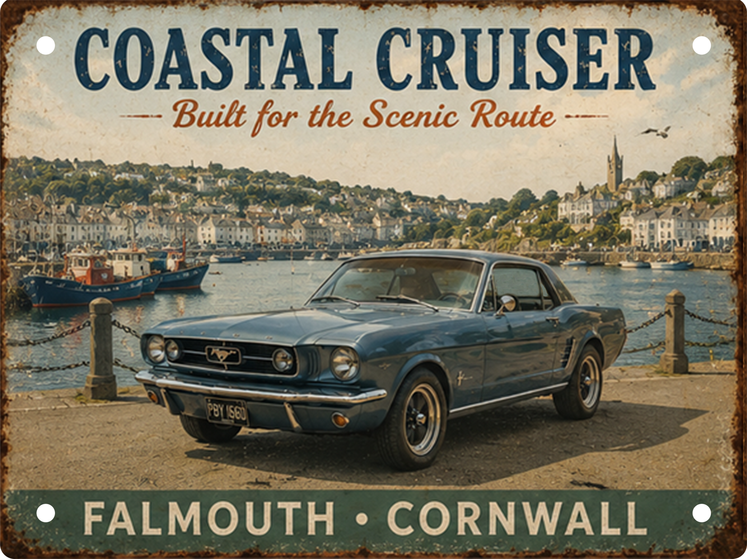 Vintage Falmouth Cornwall Coastal Cruiser tin sign featuring a classic Ford Mustang by the harbour