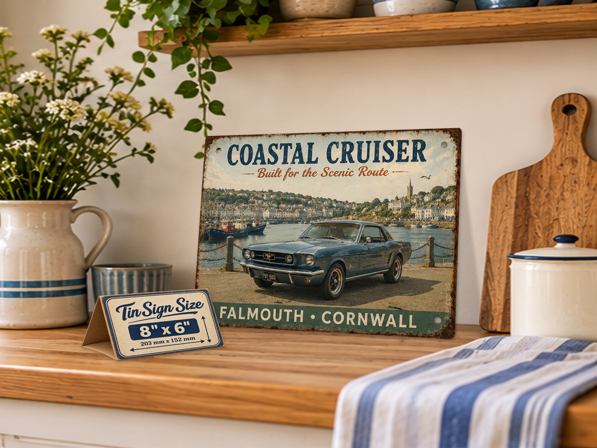 Falmouth Cornwall Coastal Cruiser tin sign featuring a classic blue Ford Mustang displayed on a kitchen shelf