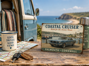 Falmouth Coastal Cruiser Tin Sign – Scenic Drive Falmouth Cornwall Coastal Cruiser tin sign featuring a classic blue Mustang in a scenic drive setting