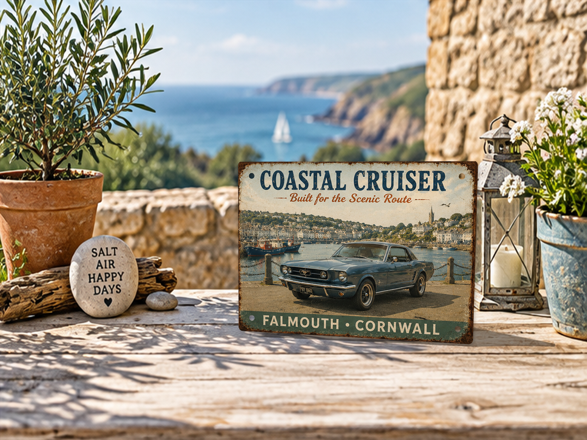 Falmouth Cornwall Coastal Cruiser tin sign featuring a classic blue Mustang displayed on a sunny coastal terrace