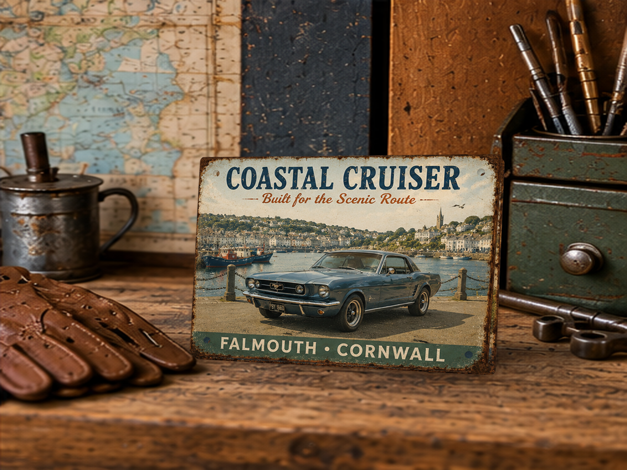 Falmouth Cornwall Coastal Cruiser tin sign featuring a classic blue Mustang displayed in a vintage workshop setting