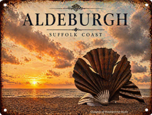 Handmade Aldeburgh Scallop Sculpture aluminium tin sign featuring the iconic Suffolk coast sculpture at sunset.