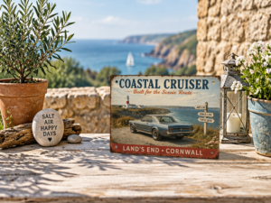 Land’s End Coastal Cruiser Tin Sign – Coastal Terrace Land’s End Cornwall Coastal Cruiser tin sign featuring a classic blue Mustang displayed on a sunny coastal terrace