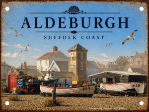 Celebrate the charm of Aldeburgh with this handmade aluminium tin sign featuring the famous fishing boats, beach and historic Suffolk coastline.