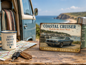 Padstow Coastal Cruiser Tin Sign – Scenic Road Trip Padstow Cornwall Coastal Cruiser tin sign featuring a classic blue Ford Mustang in a scenic road trip setting