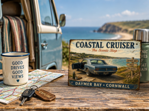 Daymer Bay Coastal Cruiser Tin Sign – Scenic Drive Daymer Bay Cornwall Coastal Cruiser tin sign featuring a classic blue Mustang in a coastal road trip setting