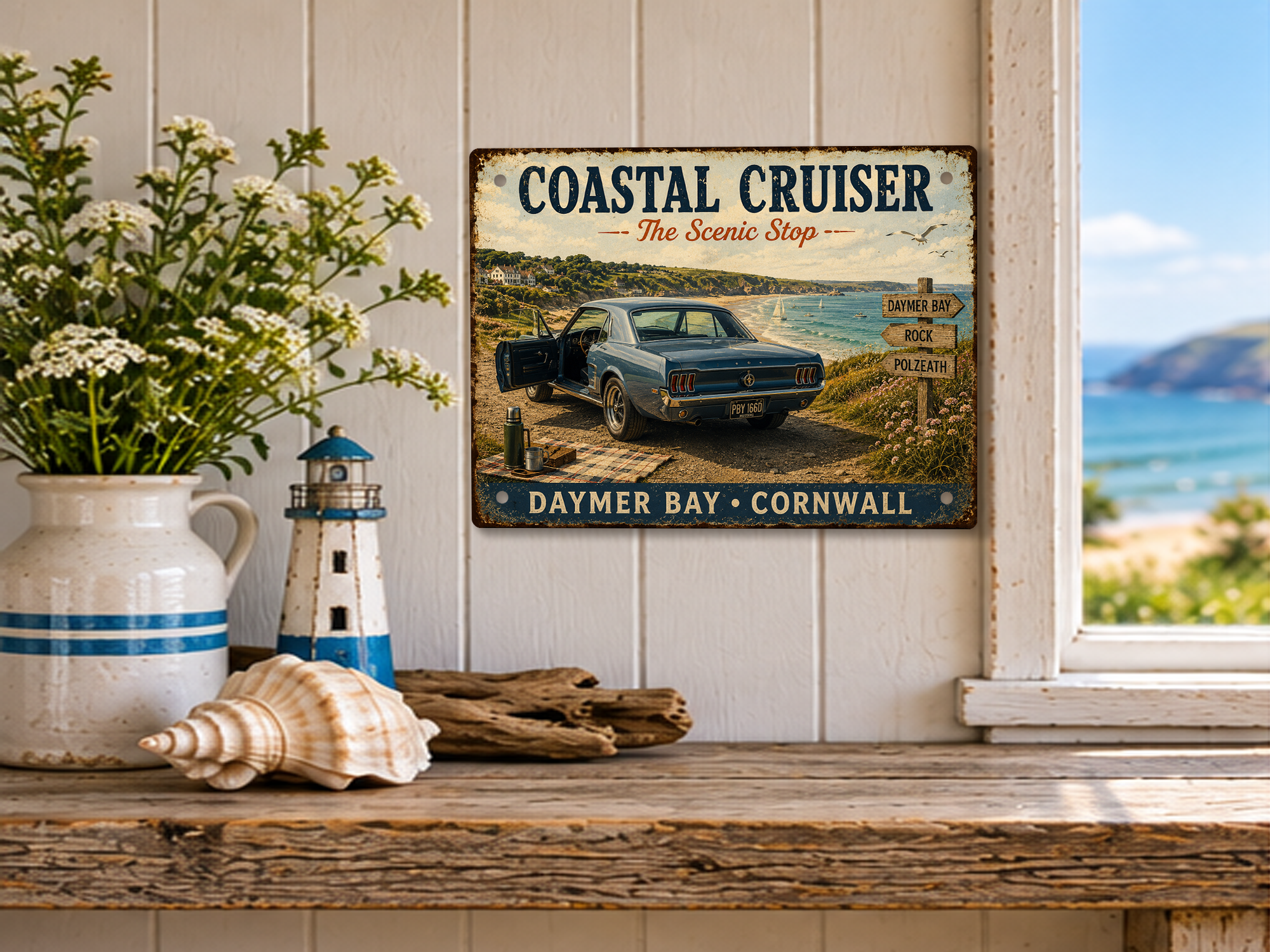 Daymer Bay Cornwall Coastal Cruiser tin sign featuring a classic blue Mustang displayed in a coastal cottage setting