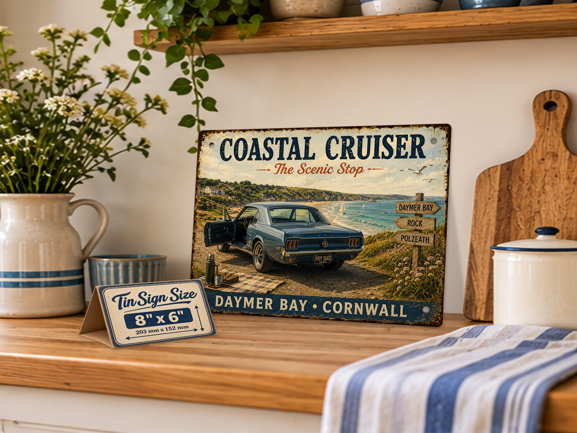 Daymer Bay Cornwall Coastal Cruiser tin sign featuring a classic blue Mustang displayed on a kitchen shelf with size guide