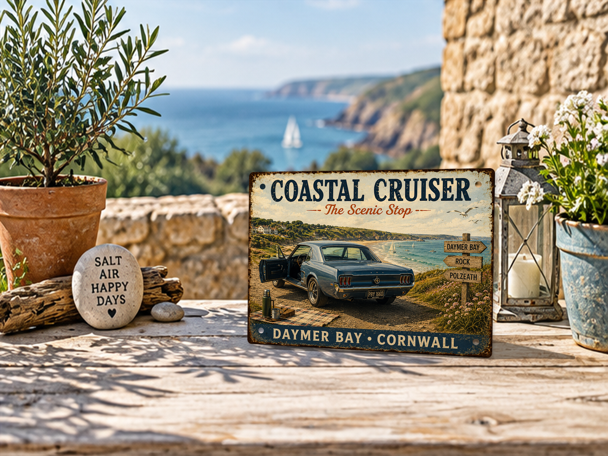 Daymer Bay Cornwall Coastal Cruiser tin sign featuring a classic blue Mustang on a scenic coastal road