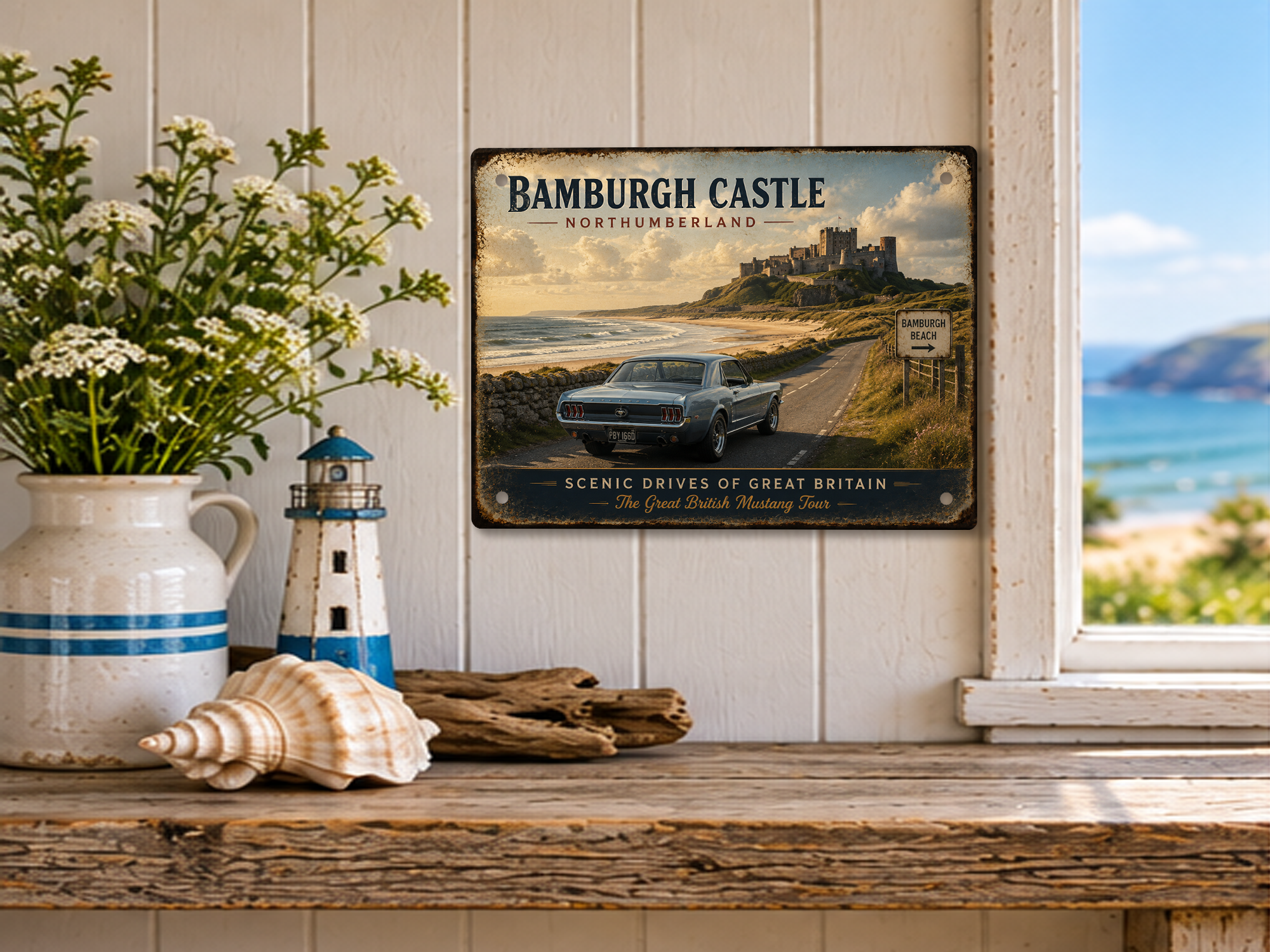 Bamburgh Castle Northumberland Scenic Drives of Great Britain tin sign featuring a classic Mustang