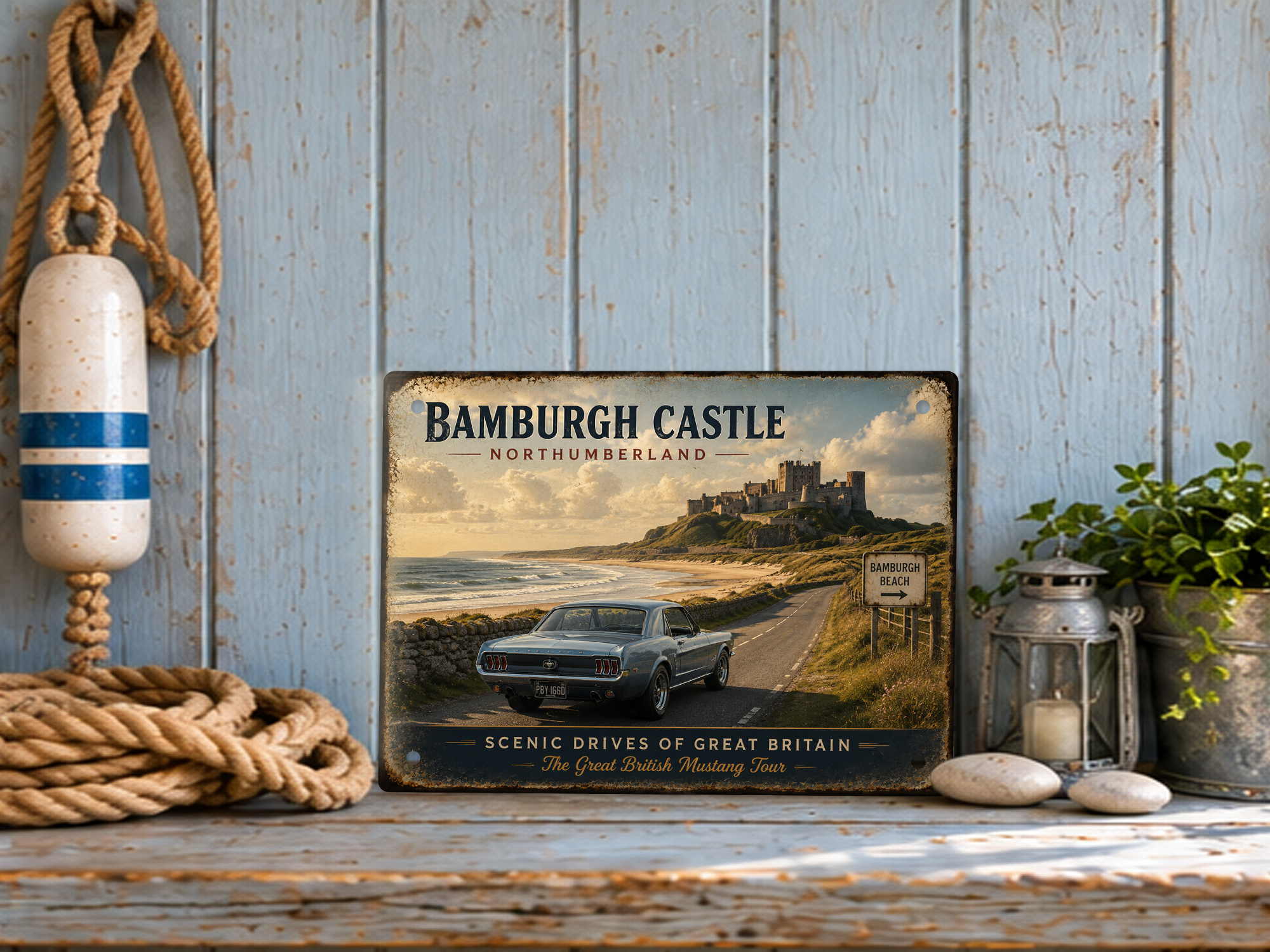 Bamburgh Castle Northumberland Scenic Drives of Great Britain tin sign featuring a classic Mustang