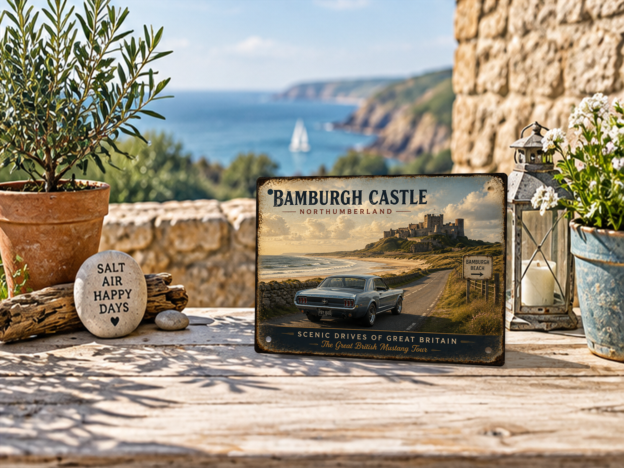 Bamburgh Castle Northumberland Scenic Drives of Great Britain tin sign featuring a classic Mustang