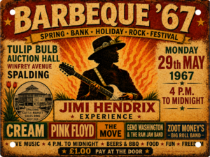 Barbeque '67 Rock Festival tribute tin sign featuring Jimi Hendrix silhouette and the legendary 1967 Spalding concert line-up.