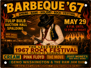 Barbeque '67 Festival Tribute Tin Sign featuring the legendary Spalding rock festival at the Tulip Bulb Auction Hall.