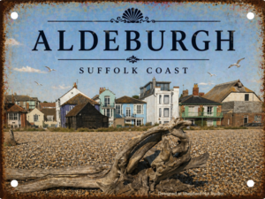 Handmade Aldeburgh Beach aluminium tin sign featuring the Suffolk coastline, colourful seafront and driftwood on the pebble beach.