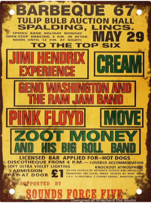 Barbeque '67 Festival tribute tin sign featuring the famous 1967 Spalding concert poster.