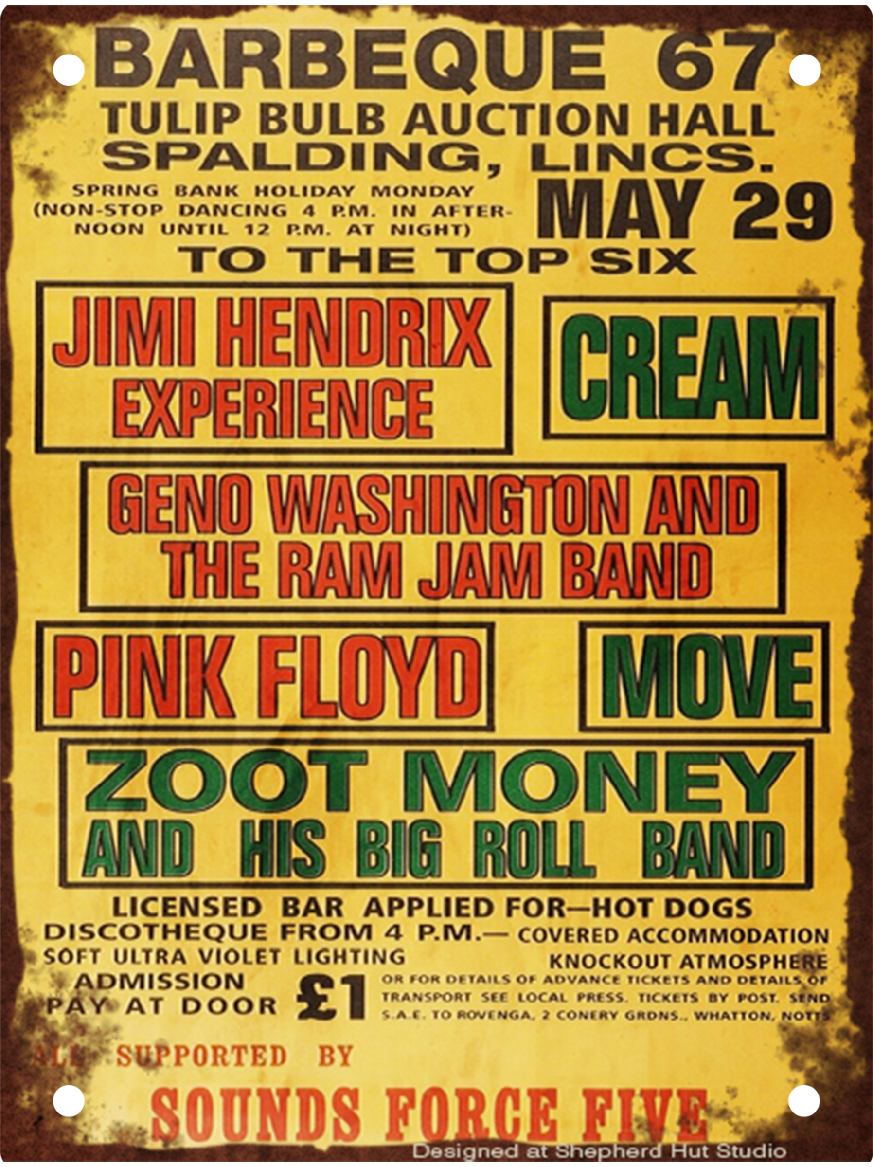 Barbeque '67 Festival tribute tin sign featuring the famous 1967 Spalding concert poster.