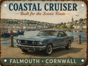 Falmouth Cornwall tin sign featuring a classic Ford Mustang overlooking Falmouth Harbour.