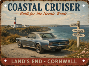 Land's End Cornwall tin sign featuring a classic Ford Mustang overlooking the famous Land's End lighthouse and coastline.