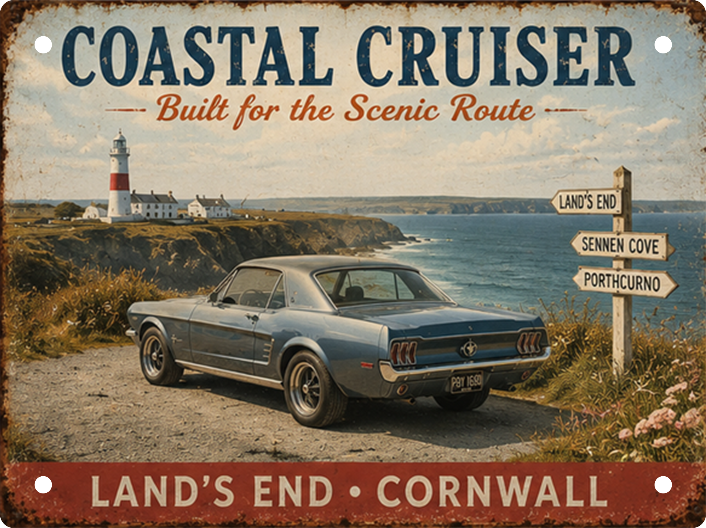 Land's End Cornwall tin sign featuring a classic Ford Mustang overlooking the famous Land's End lighthouse and coastline.