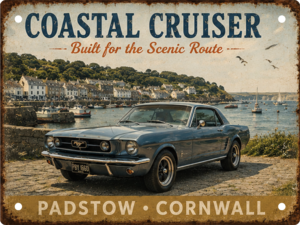 Padstow Cornwall tin sign featuring a classic Ford Mustang overlooking Padstow Harbour.