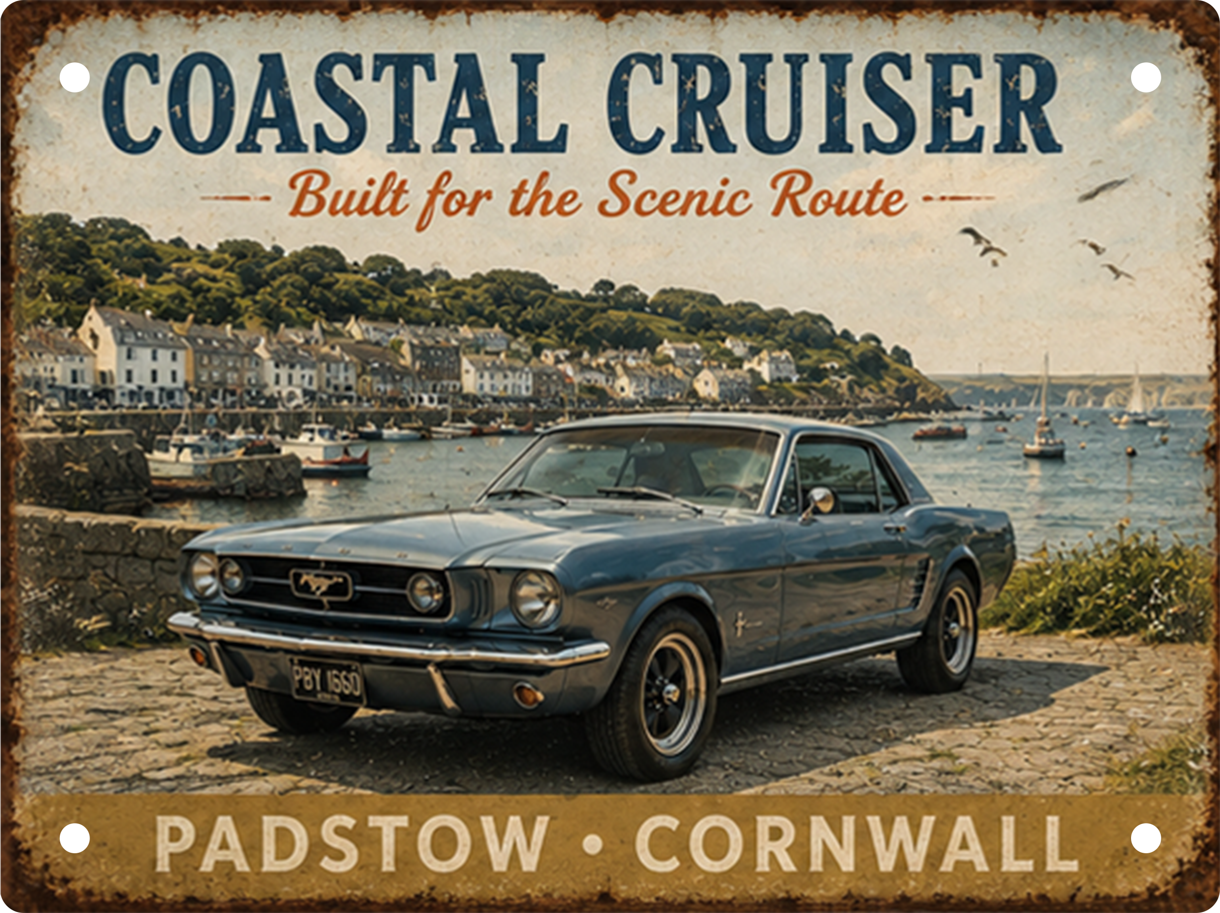 Padstow Cornwall tin sign featuring a classic Ford Mustang overlooking Padstow Harbour.