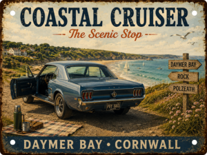 Daymer Bay Cornwall Scenic Stop tin sign featuring a classic Ford Mustang parked beside a picnic overlooking the North Cornwall coastline.