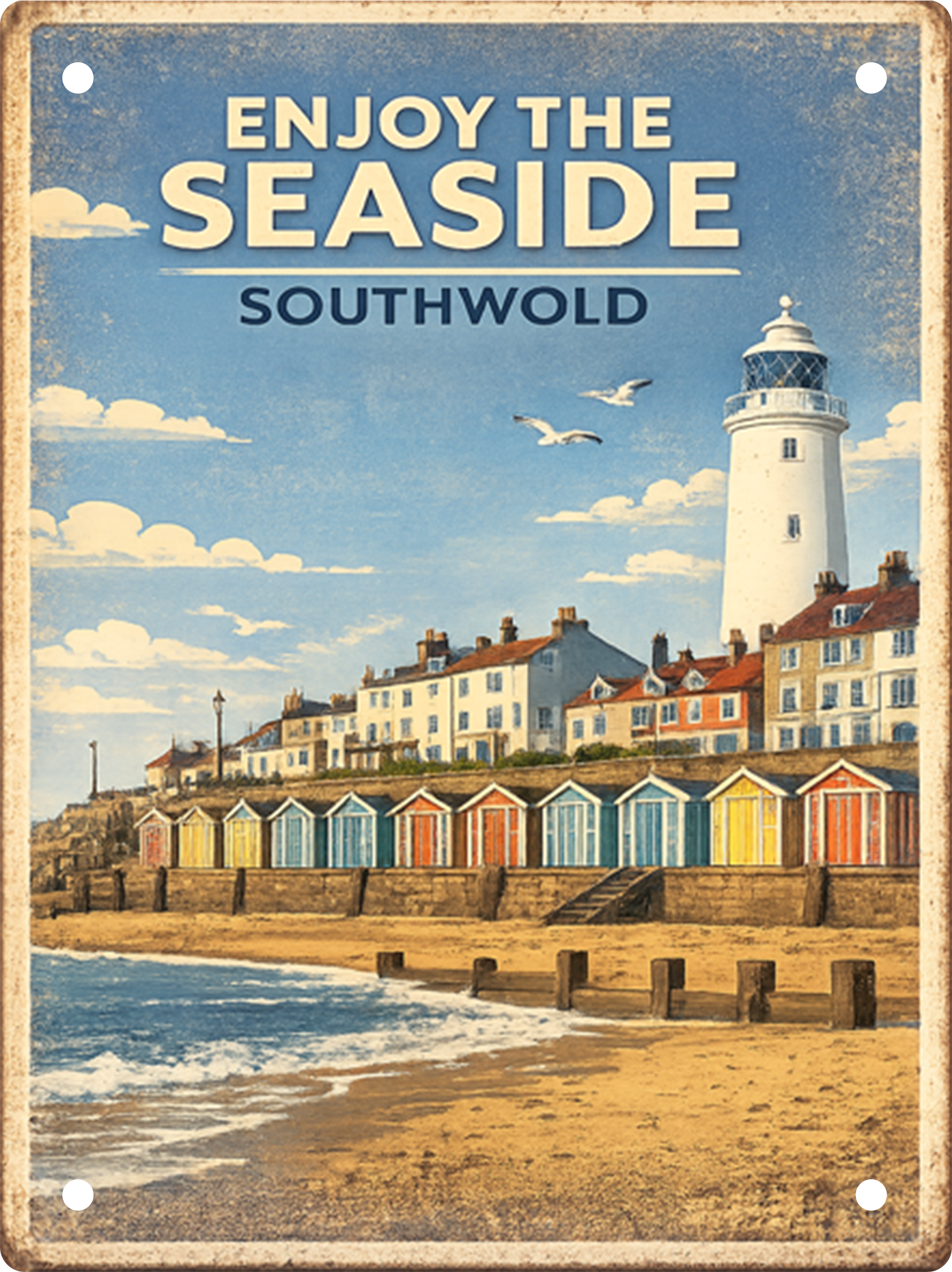 Vintage aluminium tin sign featuring Southwold Lighthouse, colourful beach huts and the Suffolk coastline.
