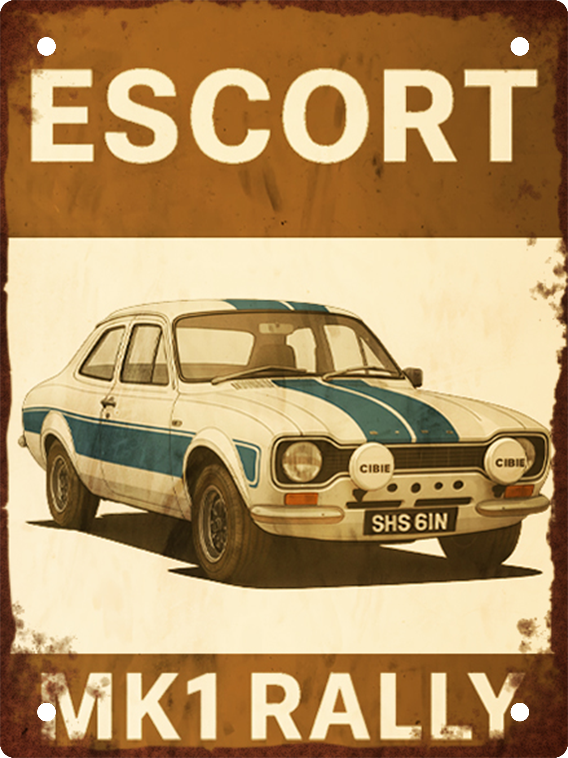 Handmade Escort MK1 Rally aluminium tin sign featuring a classic white and blue Ford Escort in vintage retro style.