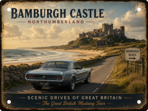 Bamburgh Castle Northumberland aluminium tin sign featuring a classic 1966 Ford Mustang overlooking the Northumberland coast.