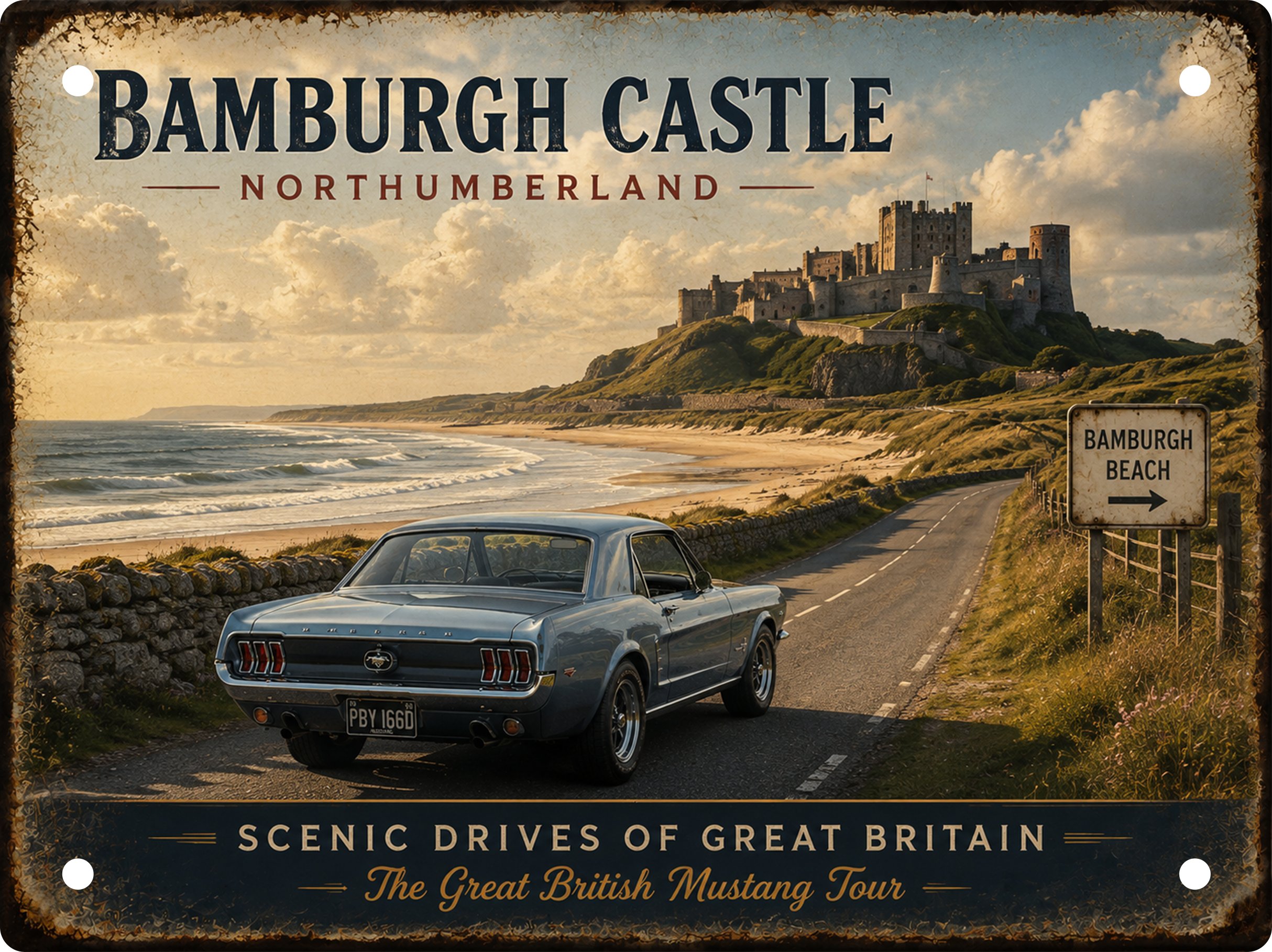 Bamburgh Castle Northumberland aluminium tin sign featuring a classic 1966 Ford Mustang overlooking the Northumberland coast.