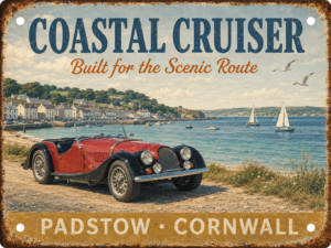 Vintage Coastal Cruiser Padstow Cornwall tin sign featuring a classic red sports car, harbour views and scenic-route styling. Designed and printed in Lincolnshire.