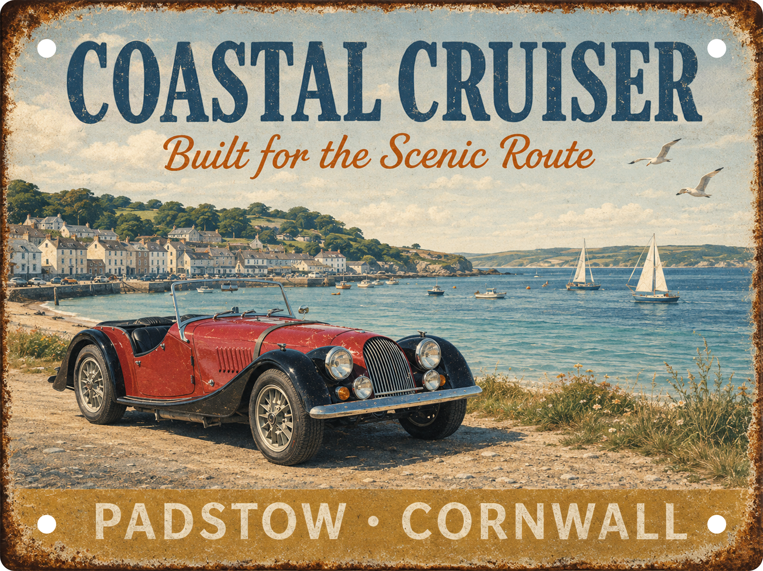Vintage Coastal Cruiser Padstow Cornwall tin sign featuring a classic red sports car, harbour views and scenic-route styling. Designed and printed in Lincolnshire.