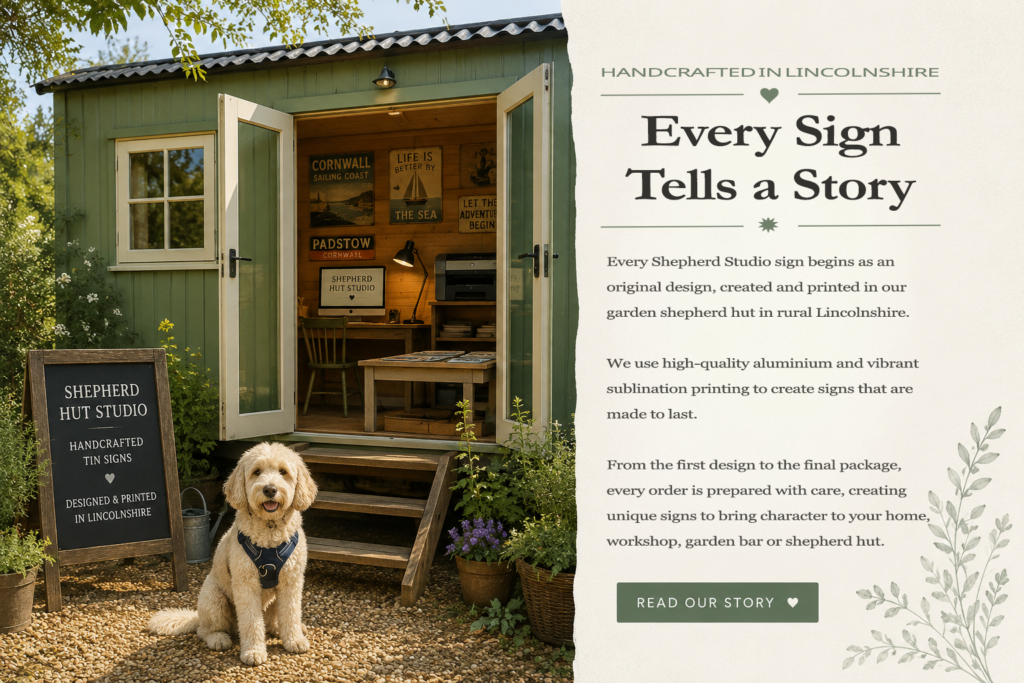 Shepherd Hut Studio in Lincolnshire where our handmade aluminium tin signs are designed and printed