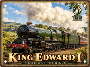 King Edward I No. 6024 GWR steam locomotive vintage-style 8 x 6 inch aluminium railway sign, handmade in Lincolnshire.