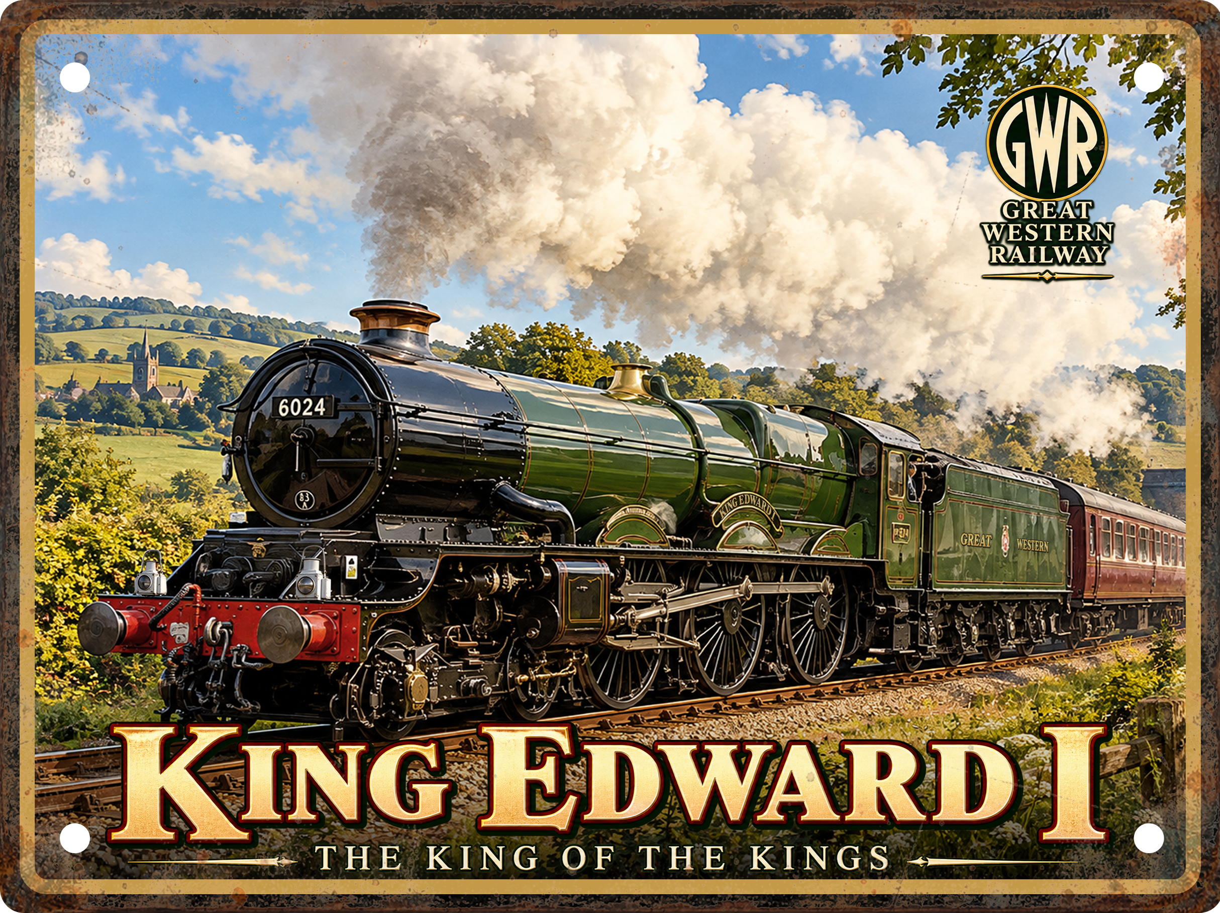 King Edward I No. 6024 GWR steam locomotive vintage-style 8 x 6 inch aluminium railway sign, handmade in Lincolnshire.