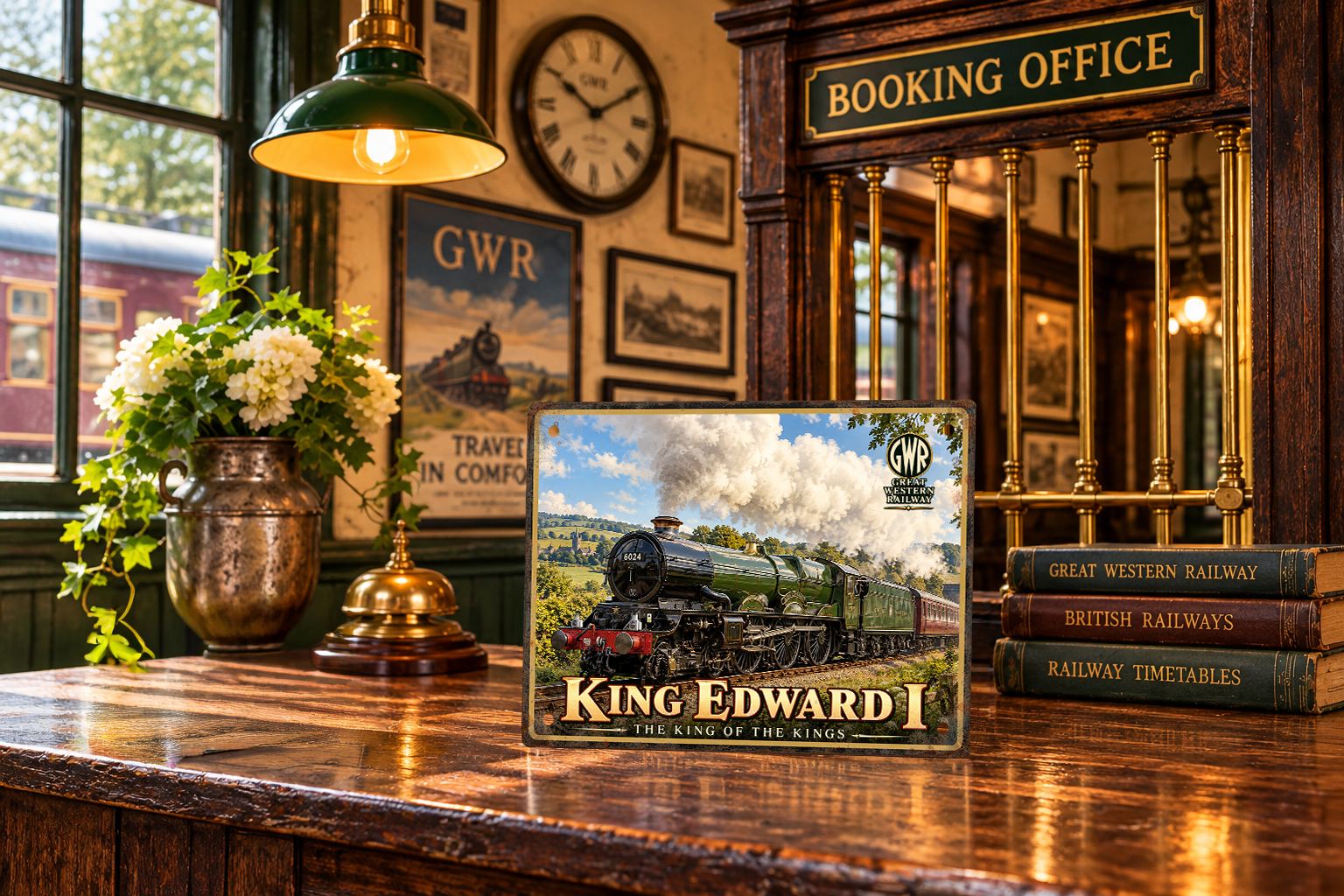 King Edward I 6024 GWR steam train metal sign displayed on a polished wooden railway booking-office counter beside vintage books and flowers