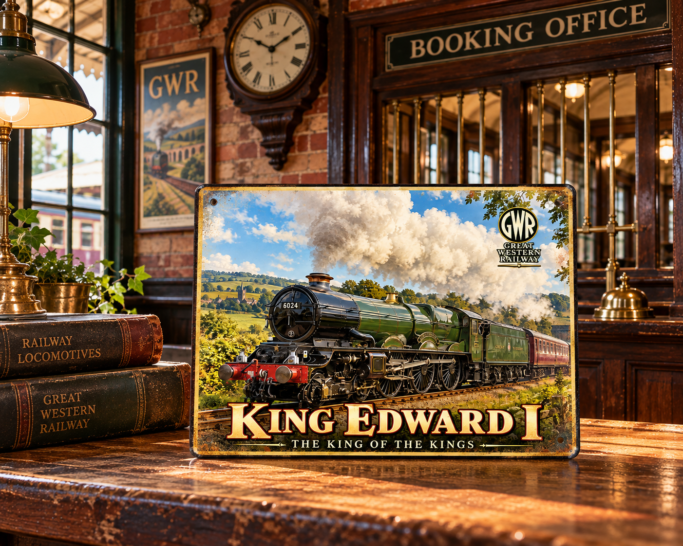 King Edward I No. 6024 GWR steam train metal sign displayed on a wooden counter in a vintage railway booking office.