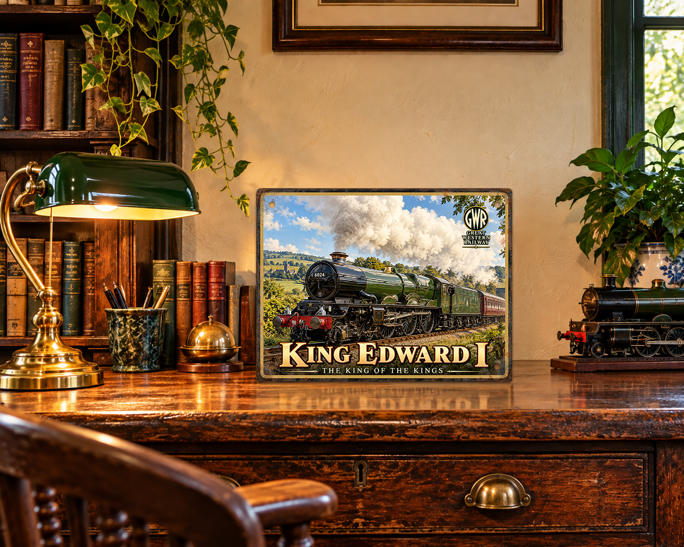 King Edward I No. 6024 GWR steam train metal sign displayed on a vintage wooden desk beside a model locomotive and green banker's lamp.