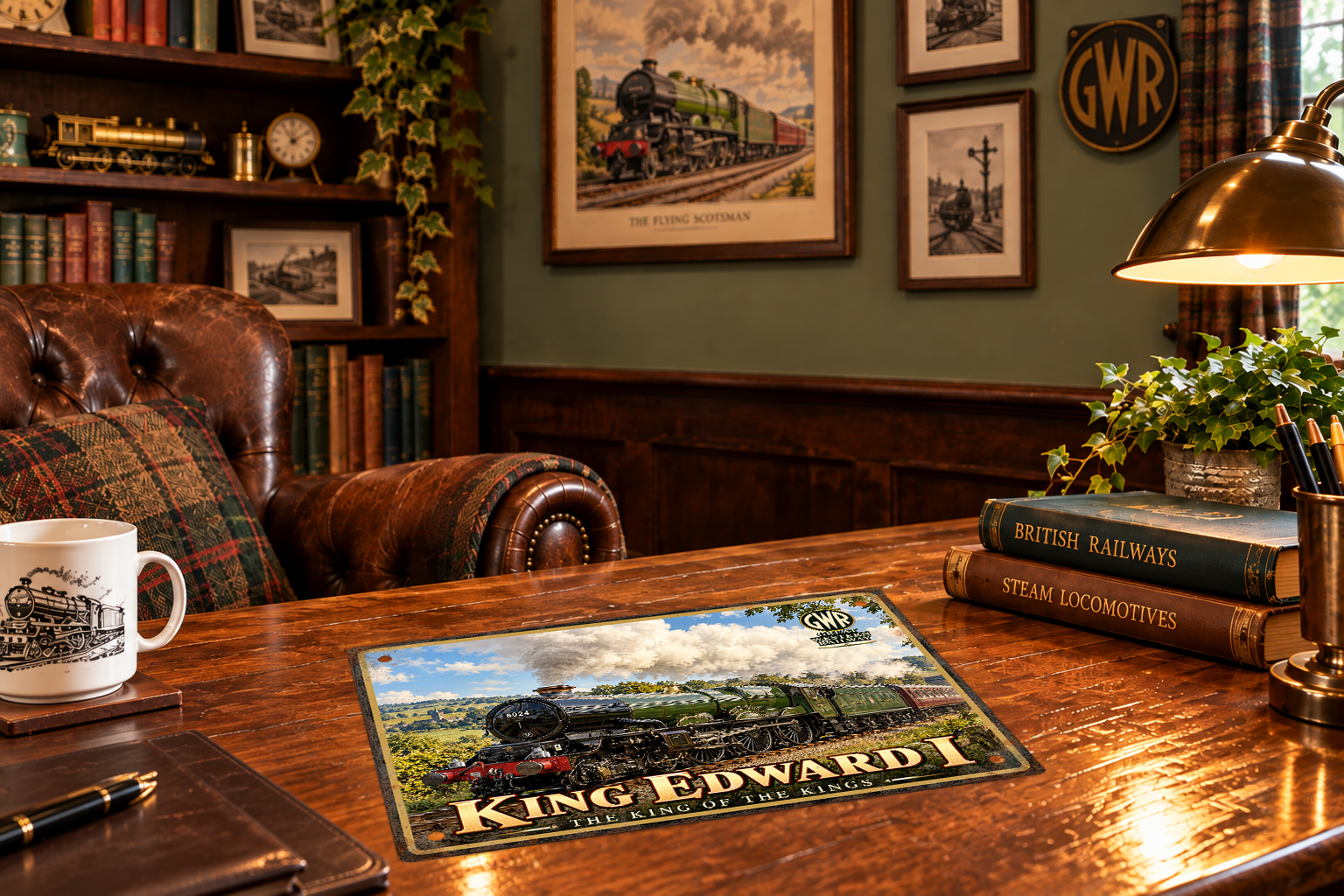 King Edward I 6024 GWR steam train aluminium sign lying flat on a polished wooden desk in a vintage railway study.