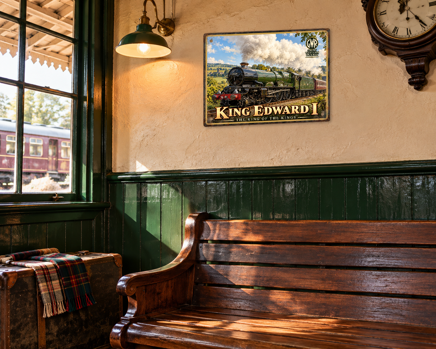 King Edward I No. 6024 GWR steam train metal sign displayed on the wall of a vintage railway waiting room above a wooden bench.