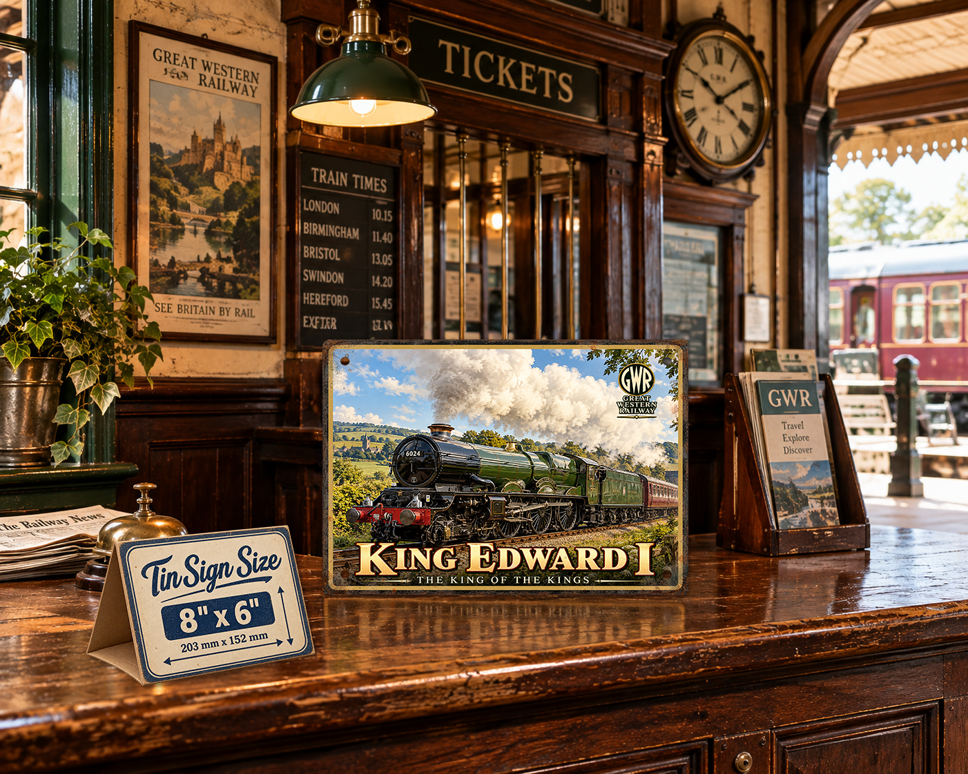 King Edward I 6024 GWR steam train metal sign displayed in a vintage railway booking office with 8 x 6 inch size guide