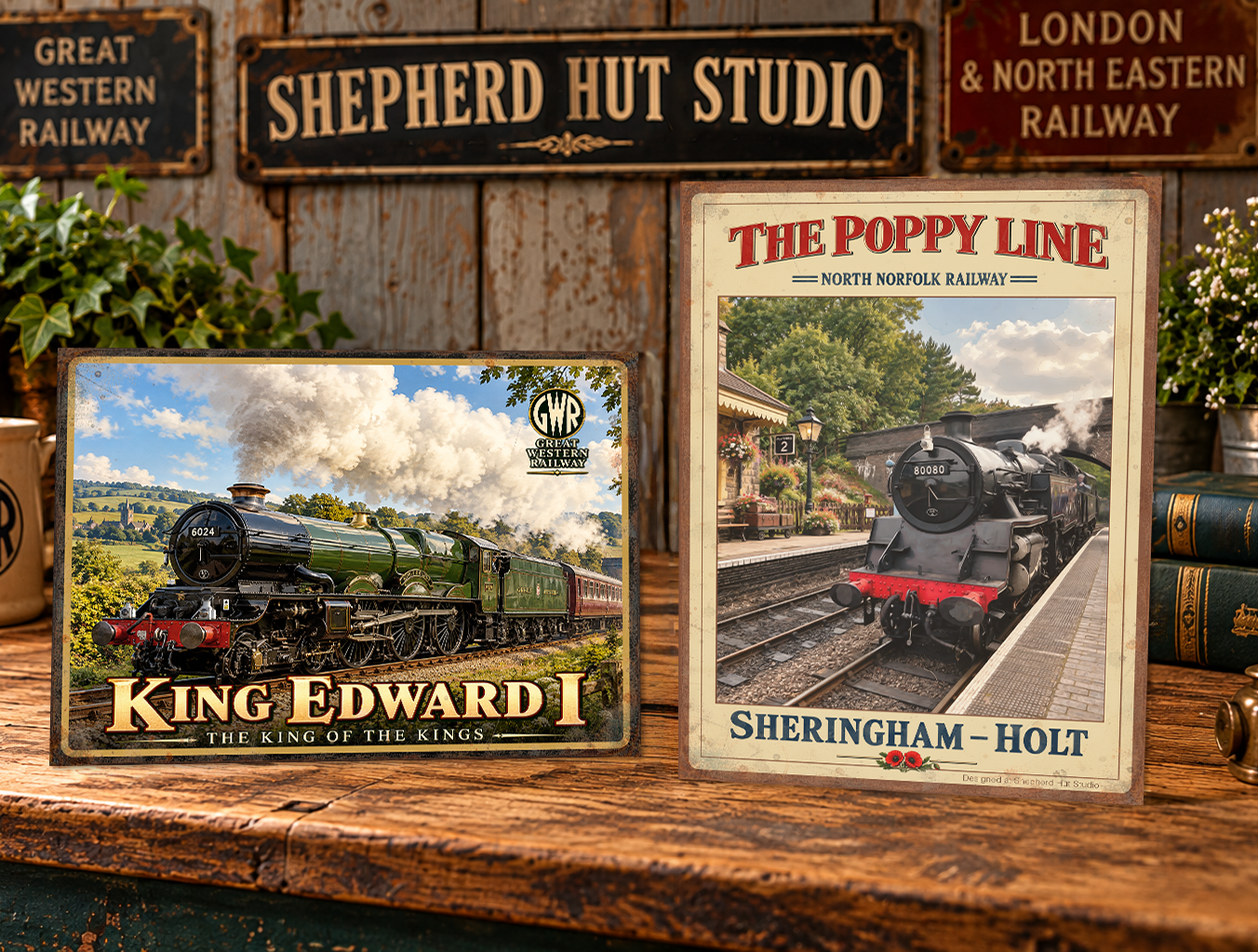 King Edward I and The Poppy Line vintage railway tin signs displayed on a rustic wooden table at Shepherd Hut Studio.