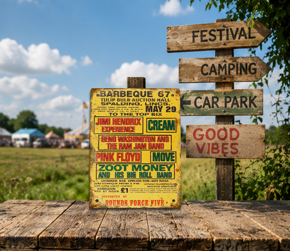 Barbeque '67 Spalding festival tribute tin sign in outdoor festival setting