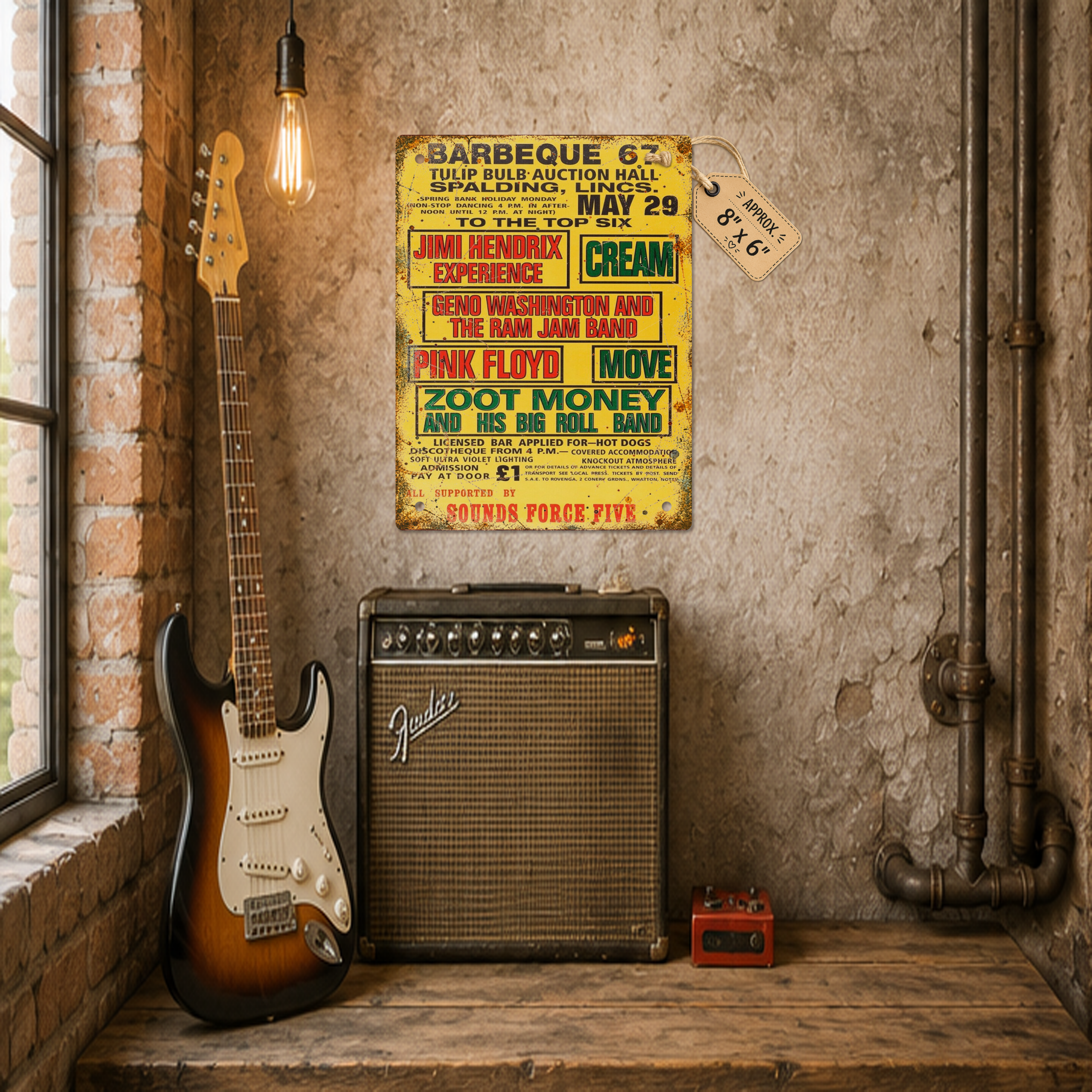 Barbeque '67 Spalding music festival tribute tin sign with vintage guitar and amplifier