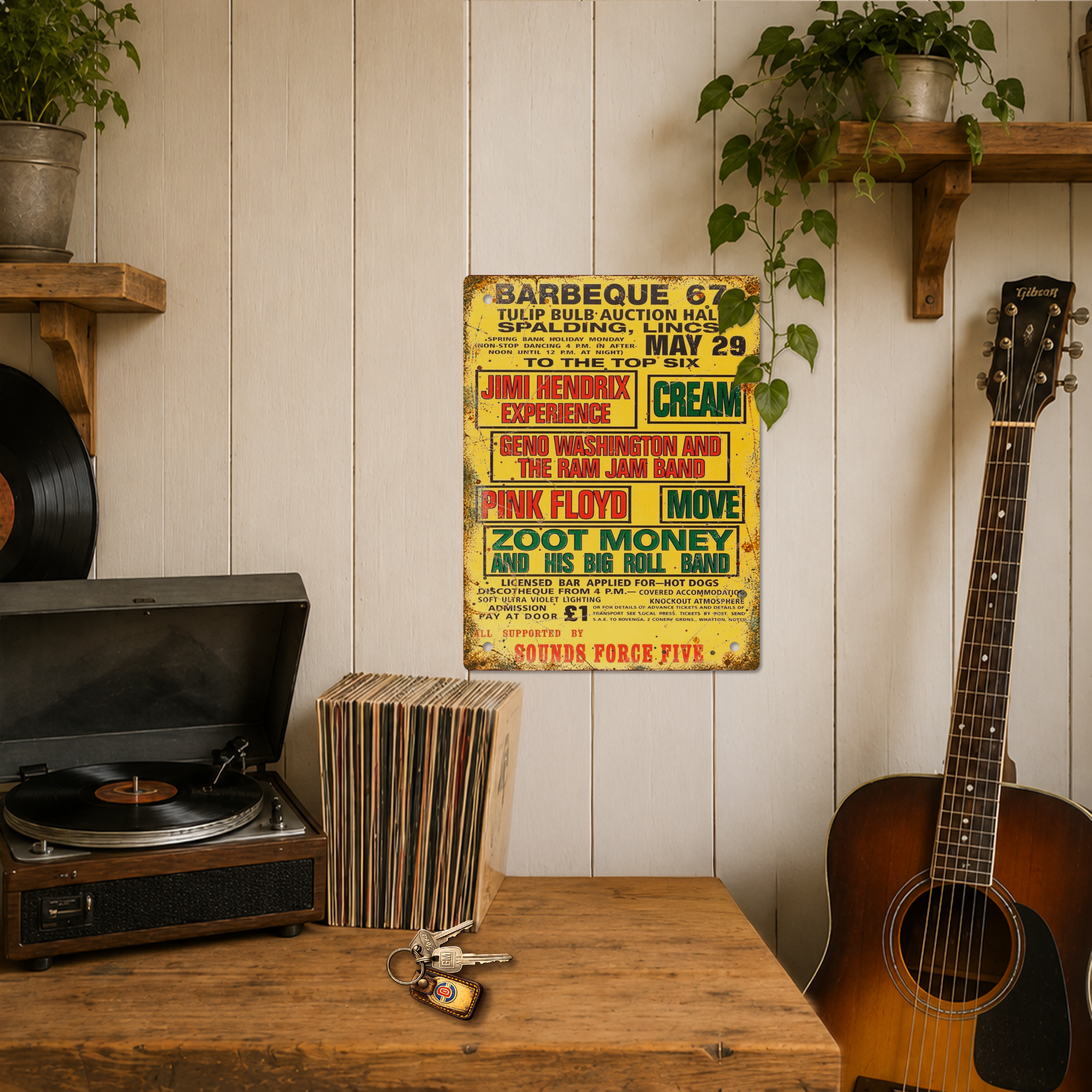 Barbeque '67 Spalding festival tin sign with record player, vinyl records and guitar