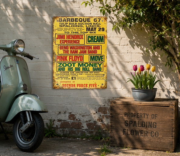 Barbeque '67 Spalding festival tribute tin sign with vintage scooter and tulips