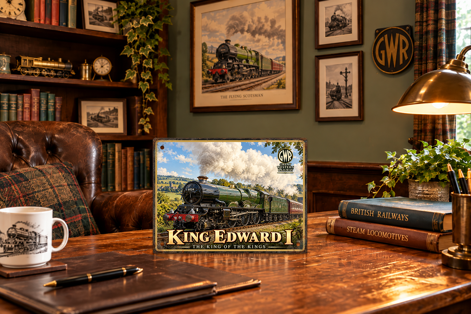 King Edward I GWR steam train metal sign displayed on a wooden desk in a vintage railway-themed study.